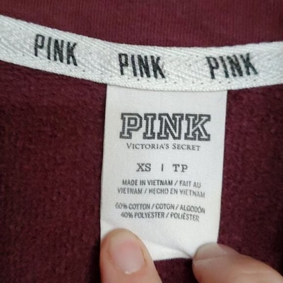 PINK Victoria's Secret Logo Graphic Full Zip Burgandy Sz. XS Hoodie w Pocketz - Picture 5 of 9